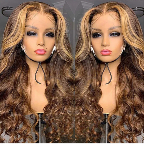 4/27 Honey Blonde Highlight Body Wave HD Lace Front Human Hair Wigs Free Part 22' (HERMOSA)